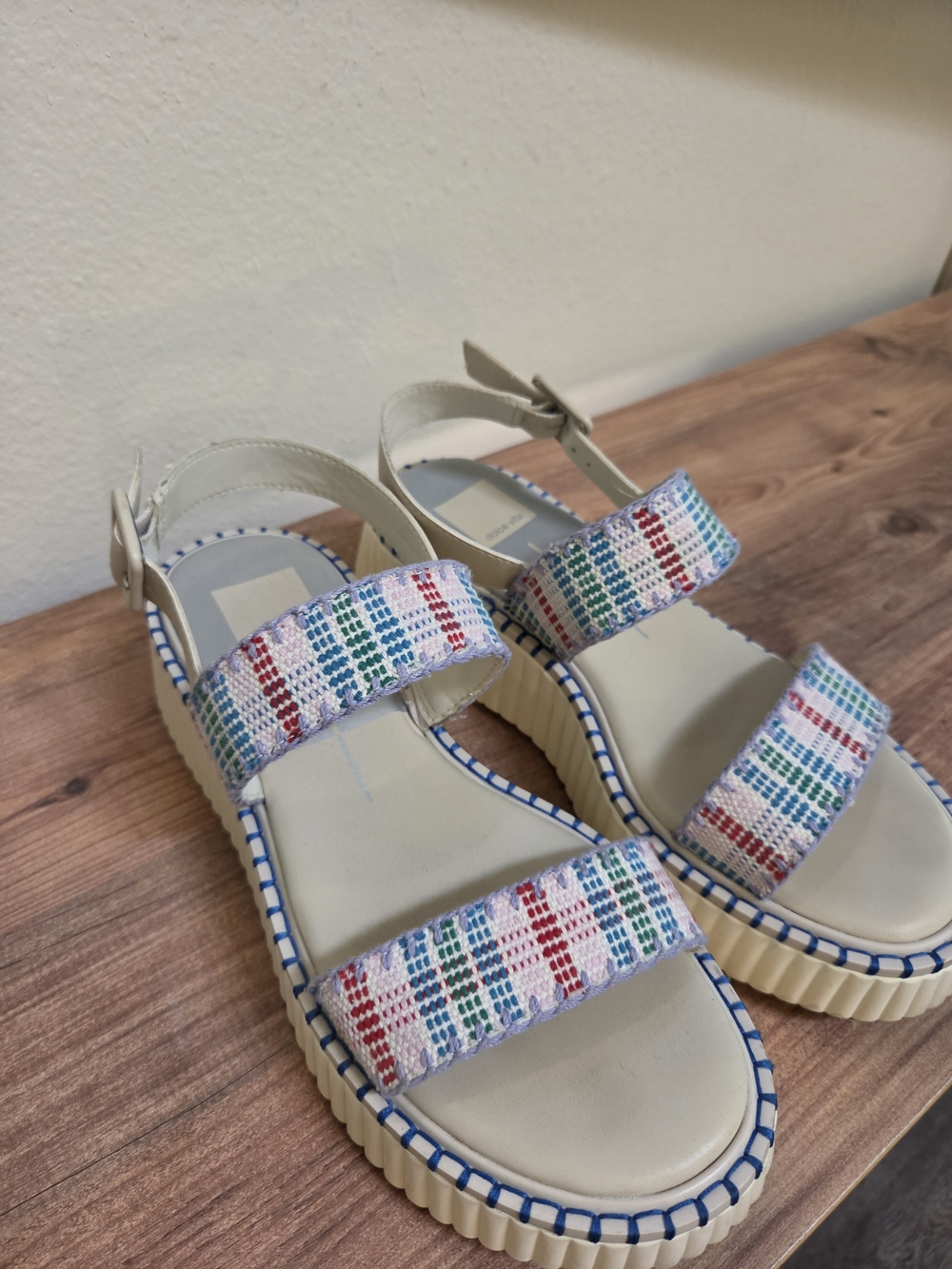 Dolce Vita Cream Platform Sandals with Multicolor Woven Straps